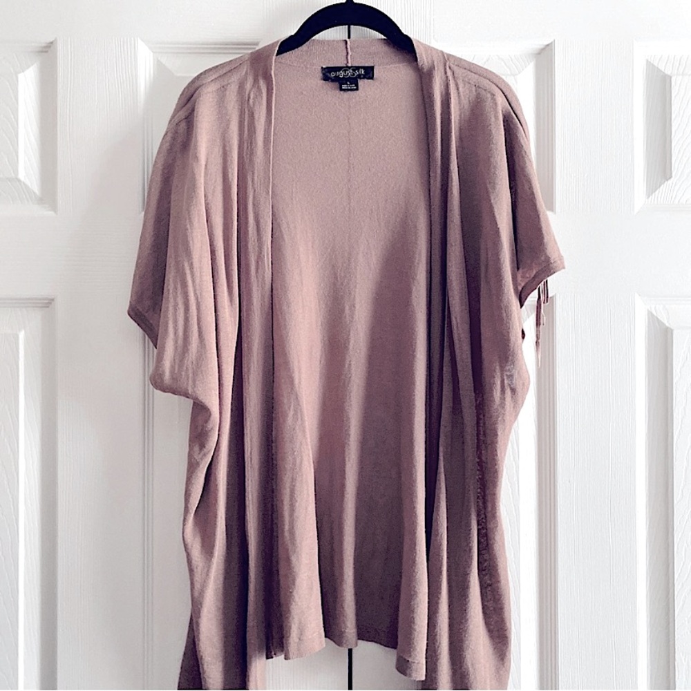 AUGUST SILK LINEN BLEND SHORT SLEEVE OPEN FRONT CARDIGAN Taupe Brown L